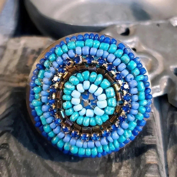 India Brass Turquoise Blue Beads Artisan Beaded Statement Cocktail Ring - Picture 8 of 12